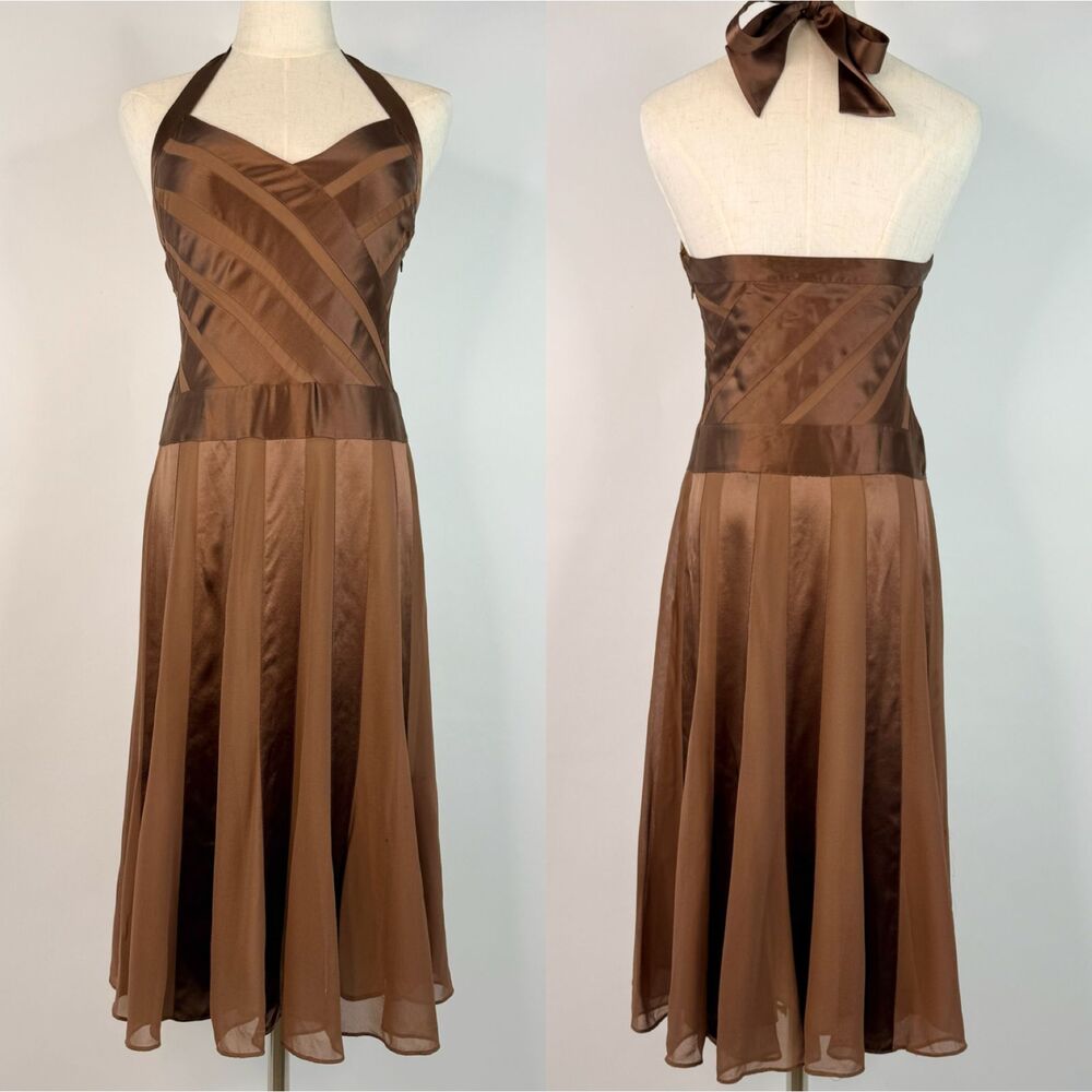 BCBG Brown 100% Silk Midi Halter Pleated Dress 90s Fairy Whimsical Romantic Sz 2